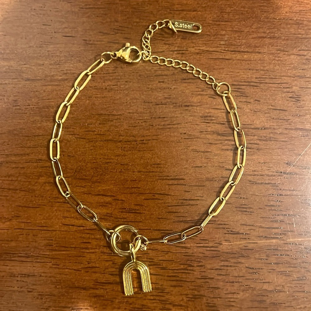 Simple gold rainbow charm on stainless‎ steel paper clip charm bracelet